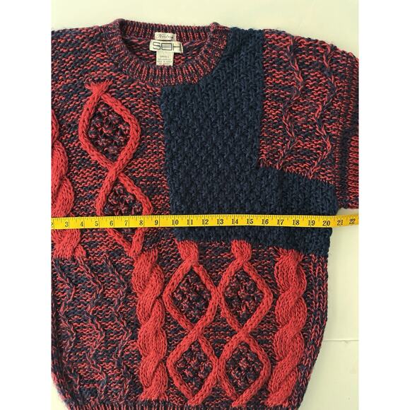 VTG SOH Chunky Sweater Men S Red Blue Cable Knit Cabincore Grandpa Handmade - Picture 5 of 8